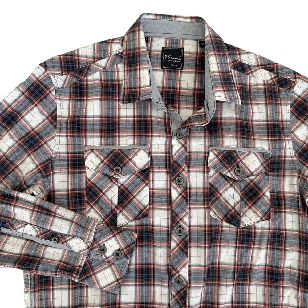 7 Diamonds Medium Black Plaid Long Sleeve Button Up Men's Shirt‎